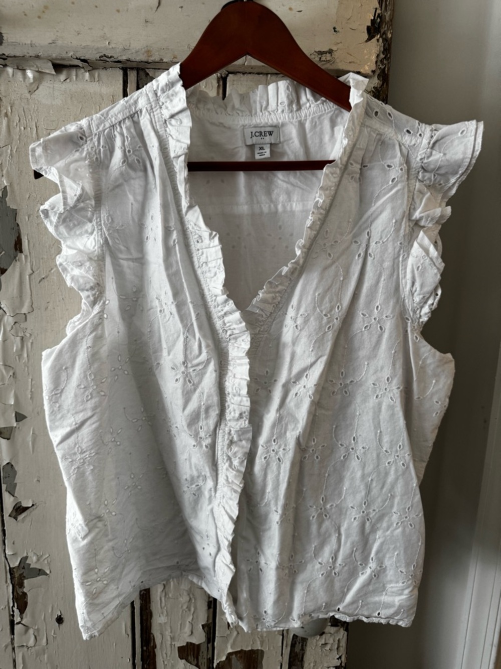 J. Crew White Eyelet Ruffle Sleeveless Top